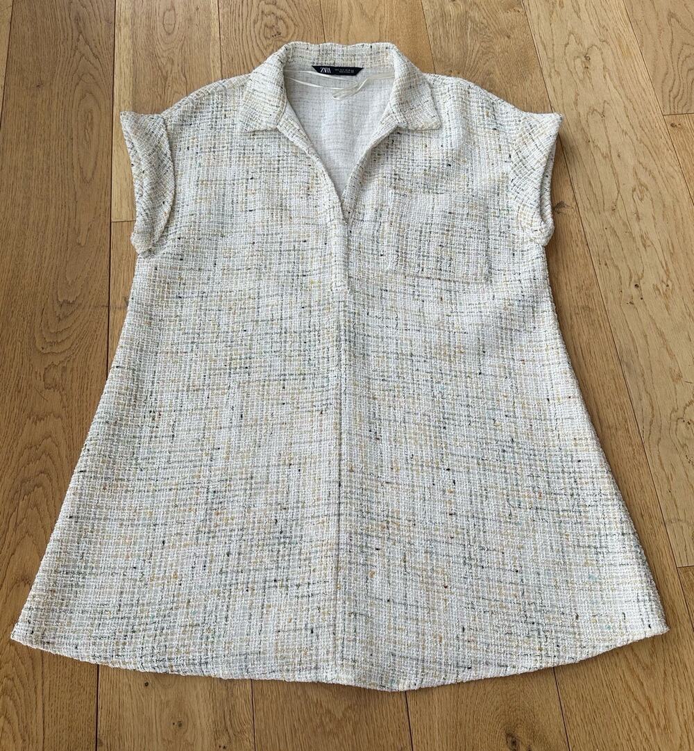 NEW ZARA ECRU TWEED TEXTURED WEAVE MINI DRESS 4387/244 RELAXED QUIET LUXURY S